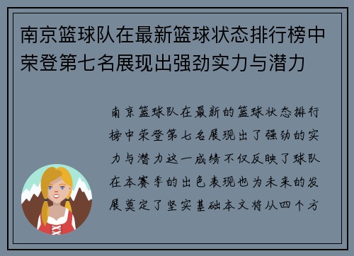 南京篮球队在最新篮球状态排行榜中荣登第七名展现出强劲实力与潜力