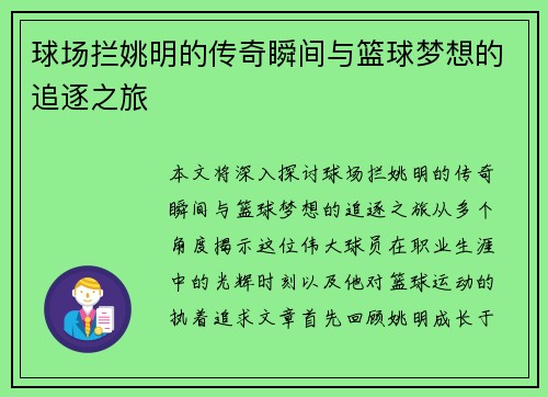 球场拦姚明的传奇瞬间与篮球梦想的追逐之旅